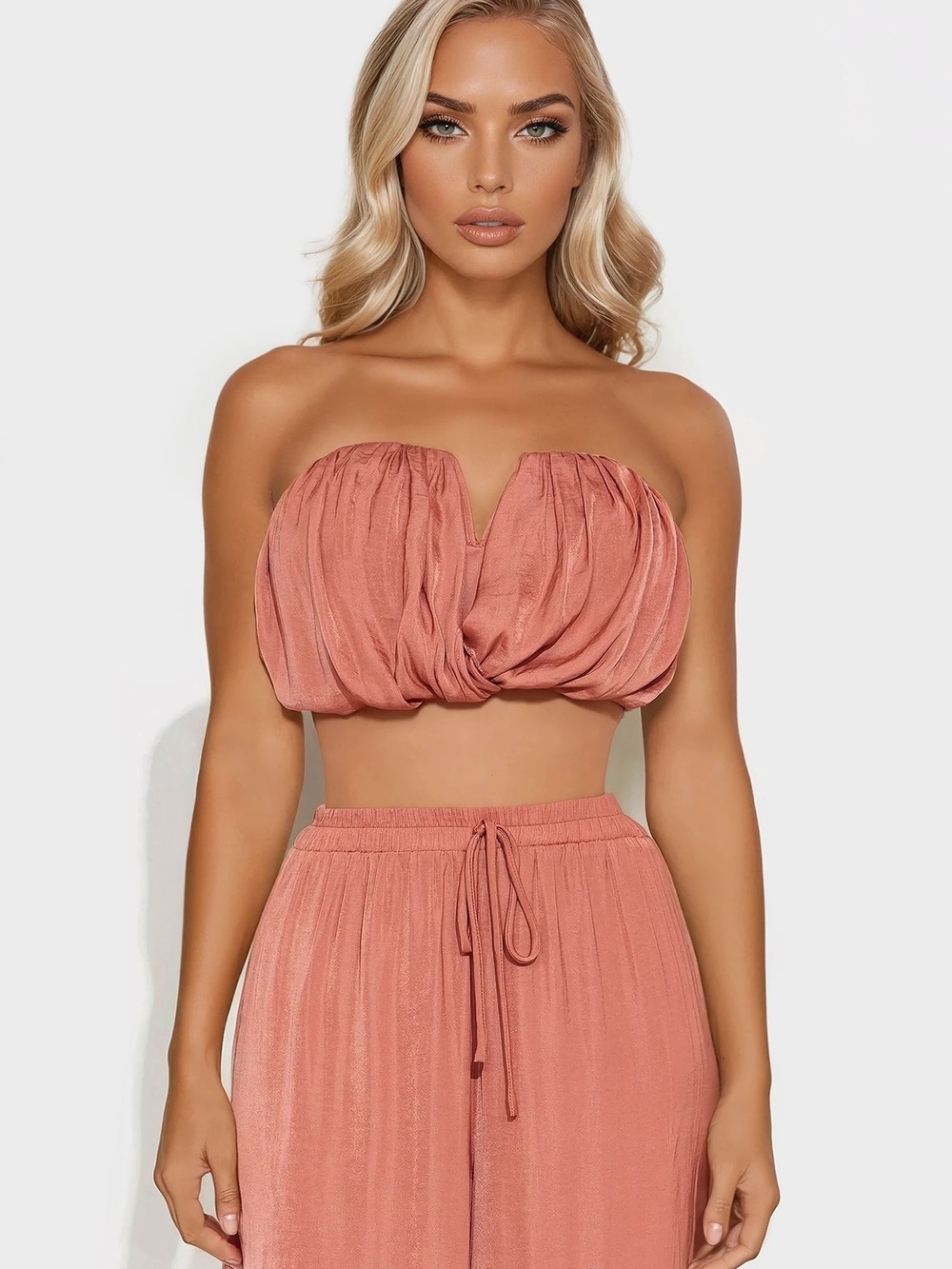 NEW Fashion Nova Eloise Satin Tube Top Wide Leg Pant Set Rust Medium